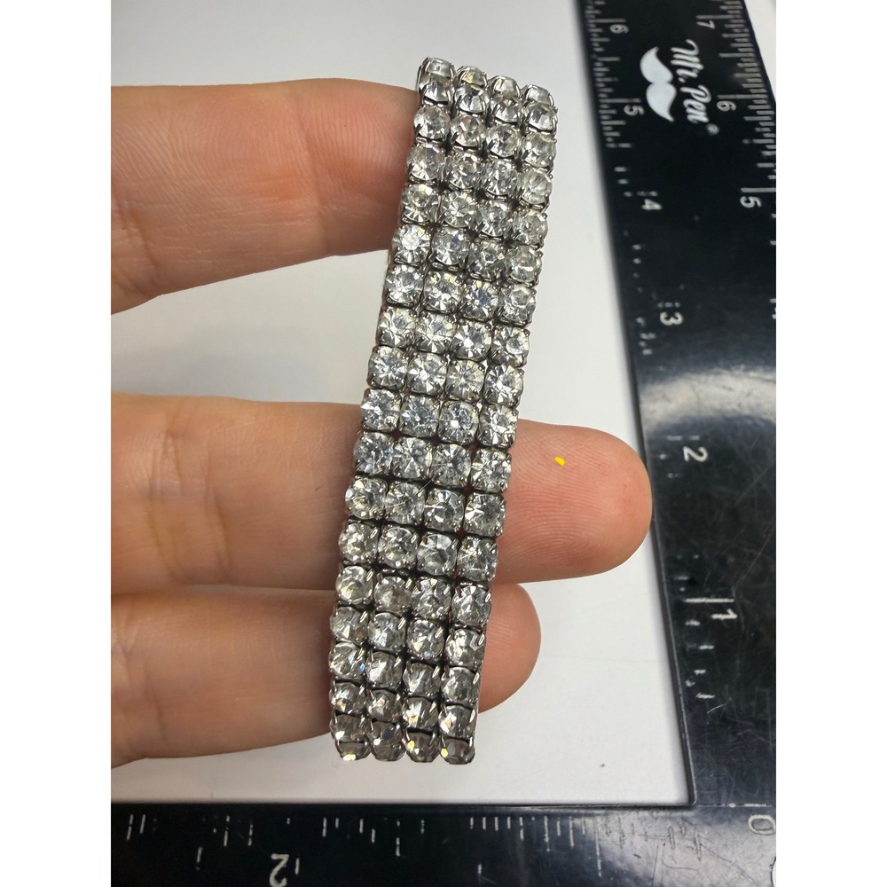 Silver Tone 4 Row Clear Rhinestone Stretch Bracelet Glam Bridal Prom Cuff